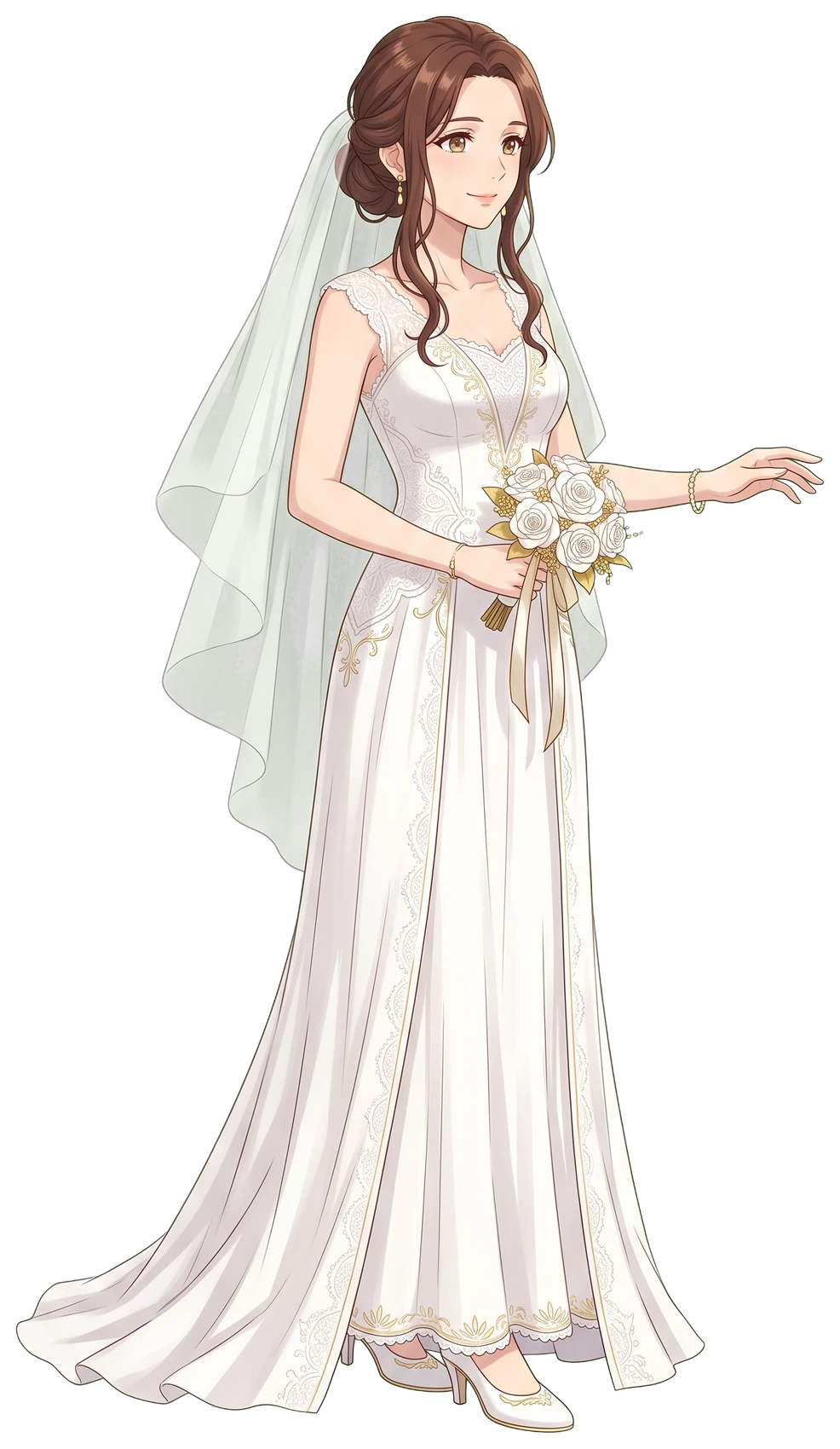 Anime bride in a white and gold wedding gown holding a bouquet