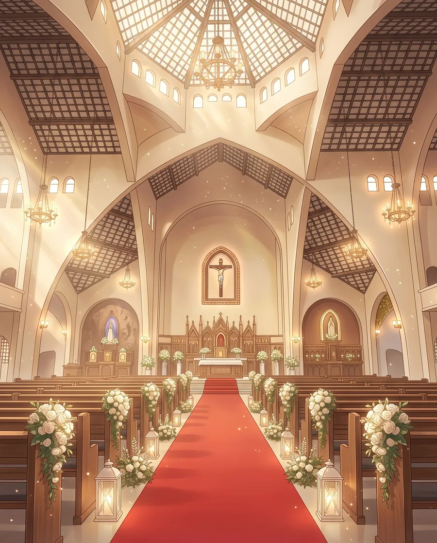 Anime-style illustration of the inside of the church, with a red carpet and white flowers