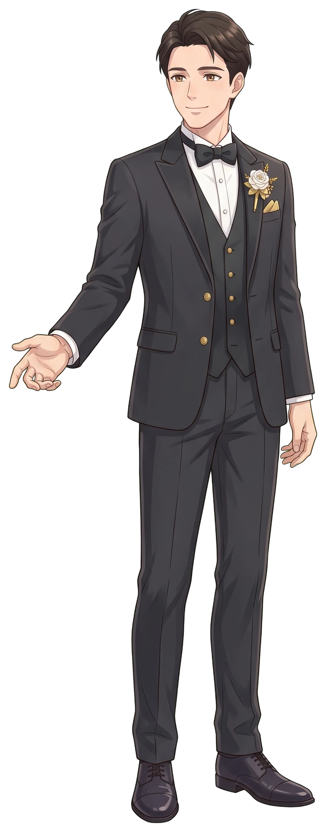 Anime groom in a black suit with a gold rose on his lapel