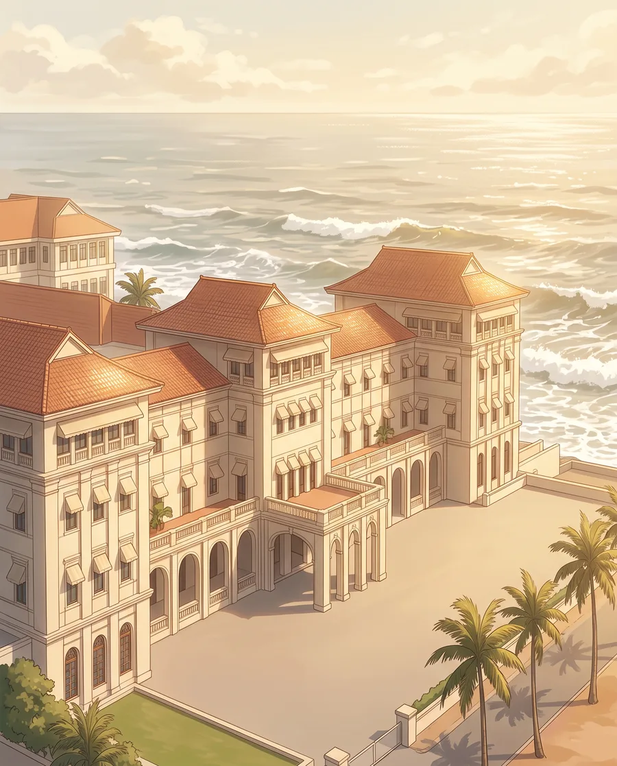 Anime-style illustration of the Galle Face Hotel beside the sea at golden hour